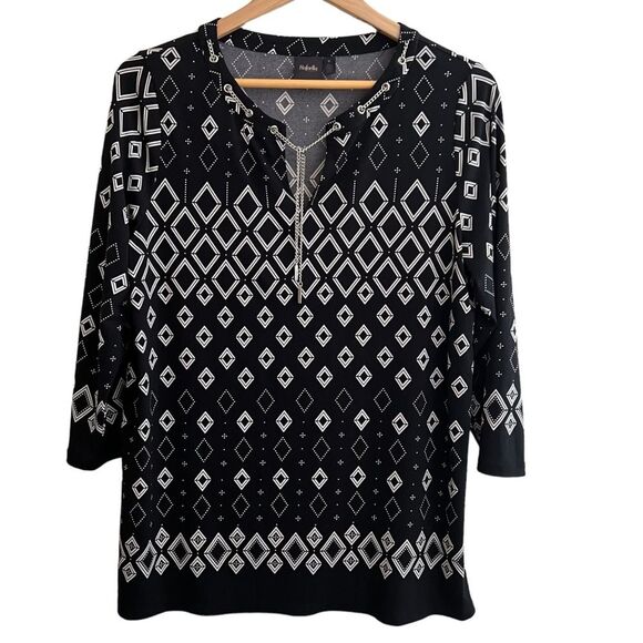 😊 3/$30 Rafaella Sz M Blouse 3/4 Length Sleeves V Neck Black with White Design - Picture 4 of 10